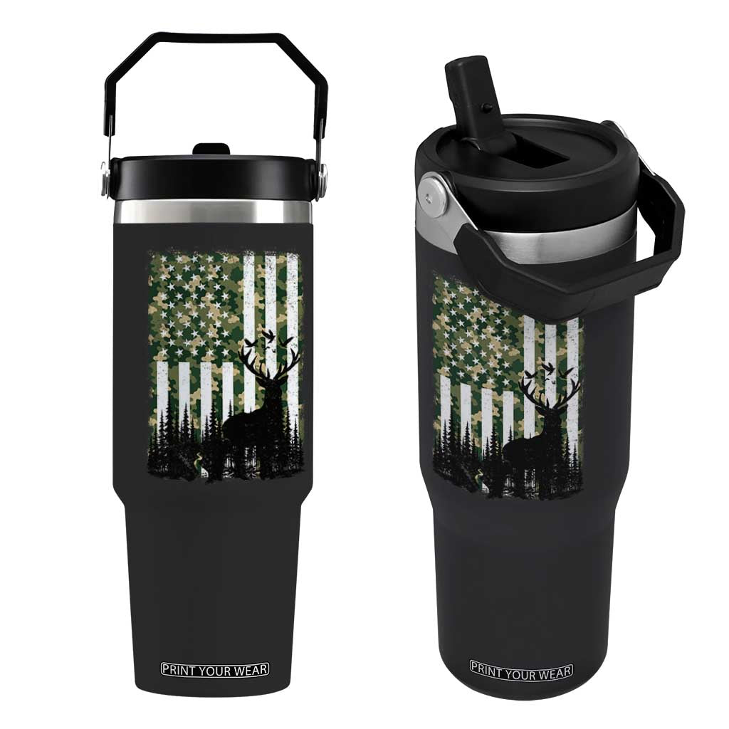 Deer Hunting Flip Straw Tumbler American Flag Camo Gift TS12 One Size: 30 oz Black Print Your Wear
