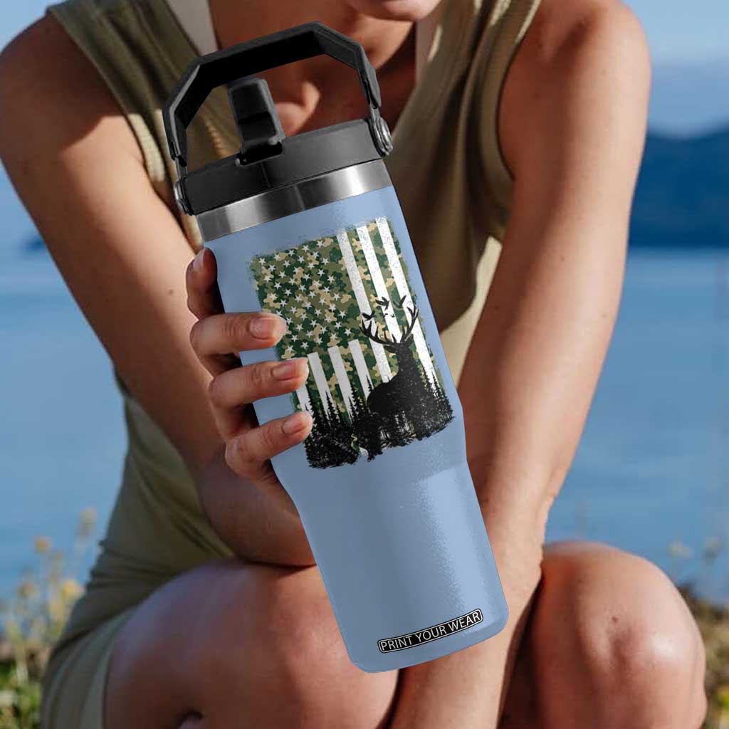 Deer Hunting Flip Straw Tumbler American Flag Camo Gift TS12 One Size: 30 oz Light Blue Print Your Wear