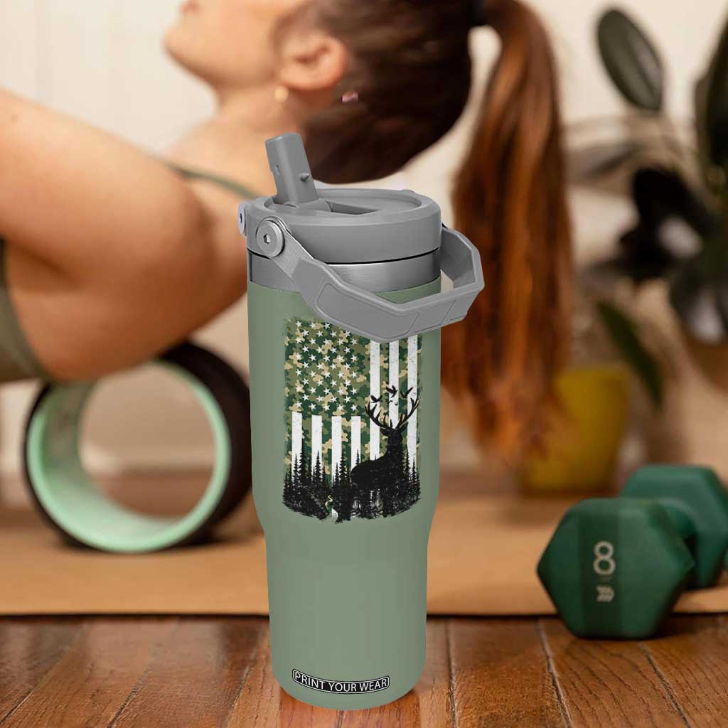 Deer Hunting Flip Straw Tumbler American Flag Camo Gift TS12 One Size: 30 oz Moss Green Print Your Wear
