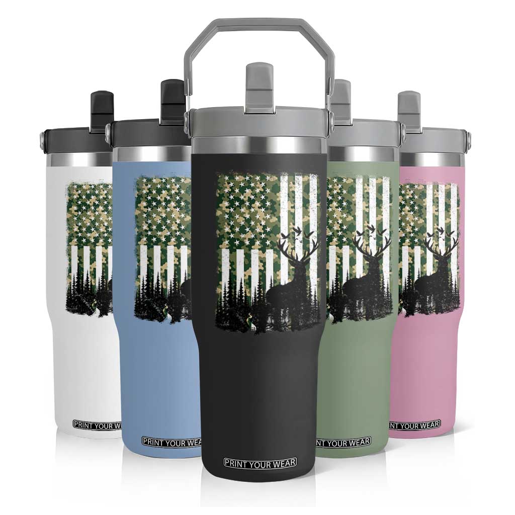 Deer Hunting Flip Straw Tumbler American Flag Camo Gift TS12 Print Your Wear