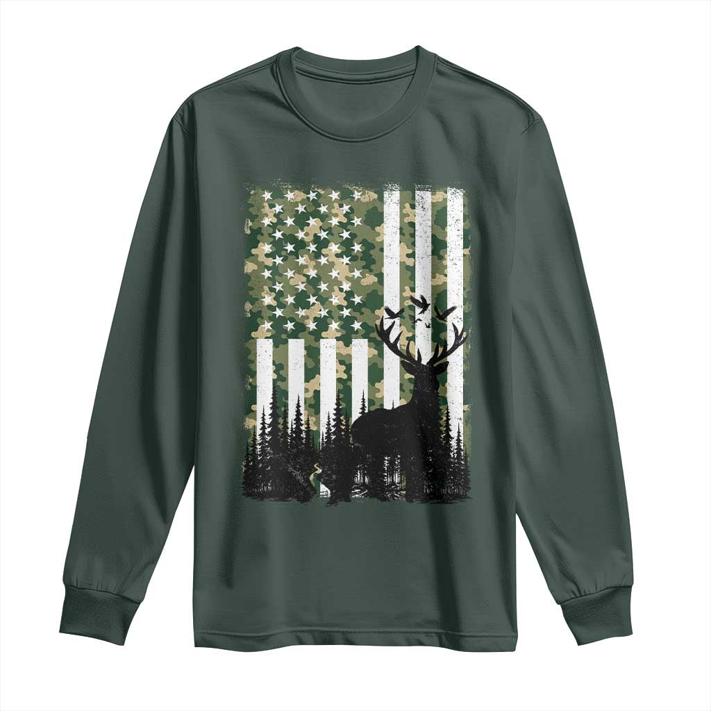 Deer Hunting Long Sleeve Shirt American Flag Camo Gift TS12 Dark Forest Green Print Your Wear