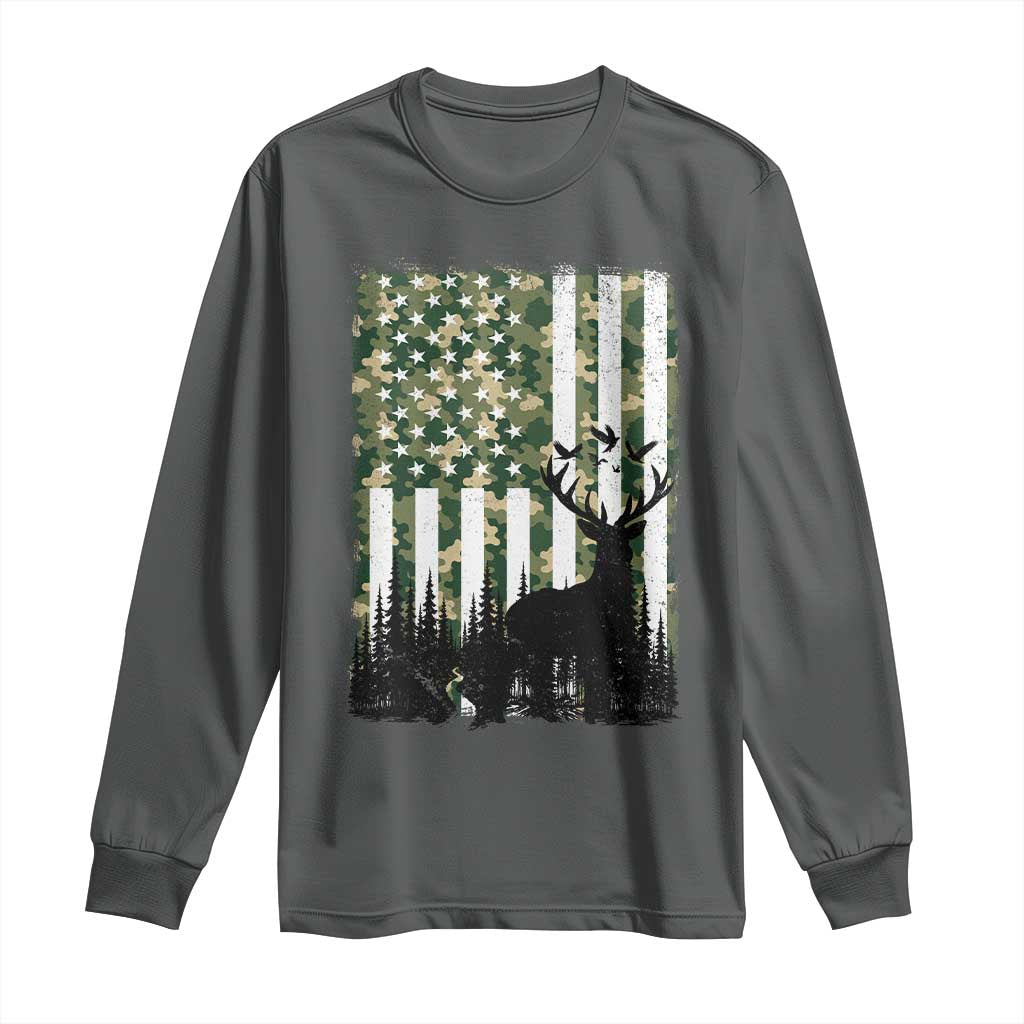 Deer Hunting Long Sleeve Shirt American Flag Camo Gift TS12 Dark Heather Print Your Wear
