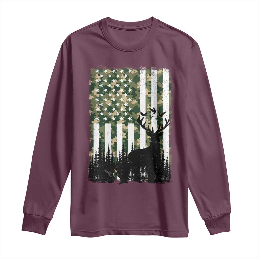 Deer Hunting Long Sleeve Shirt American Flag Camo Gift TS12 Maroon Print Your Wear