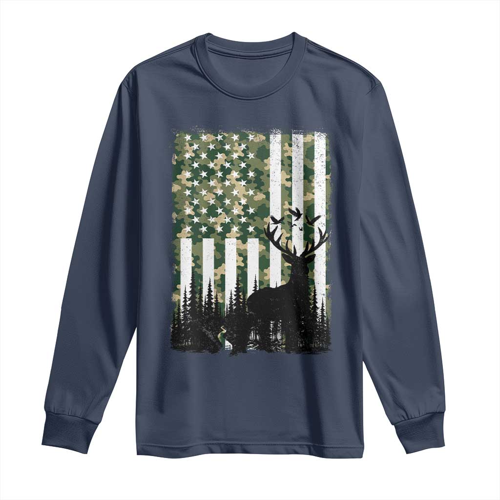 Deer Hunting Long Sleeve Shirt American Flag Camo Gift TS12 Navy Print Your Wear