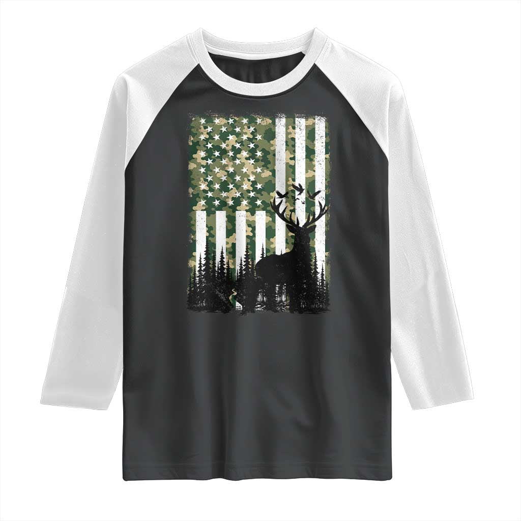 Deer Hunting Raglan Shirt American Flag Camo Gift TS12 Black White Print Your Wear