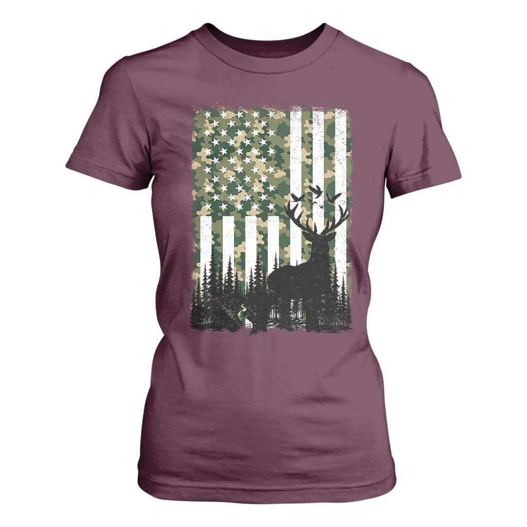 Deer Hunting T Shirt For Women American Flag Camo Gift TS12 Maroon Print Your Wear