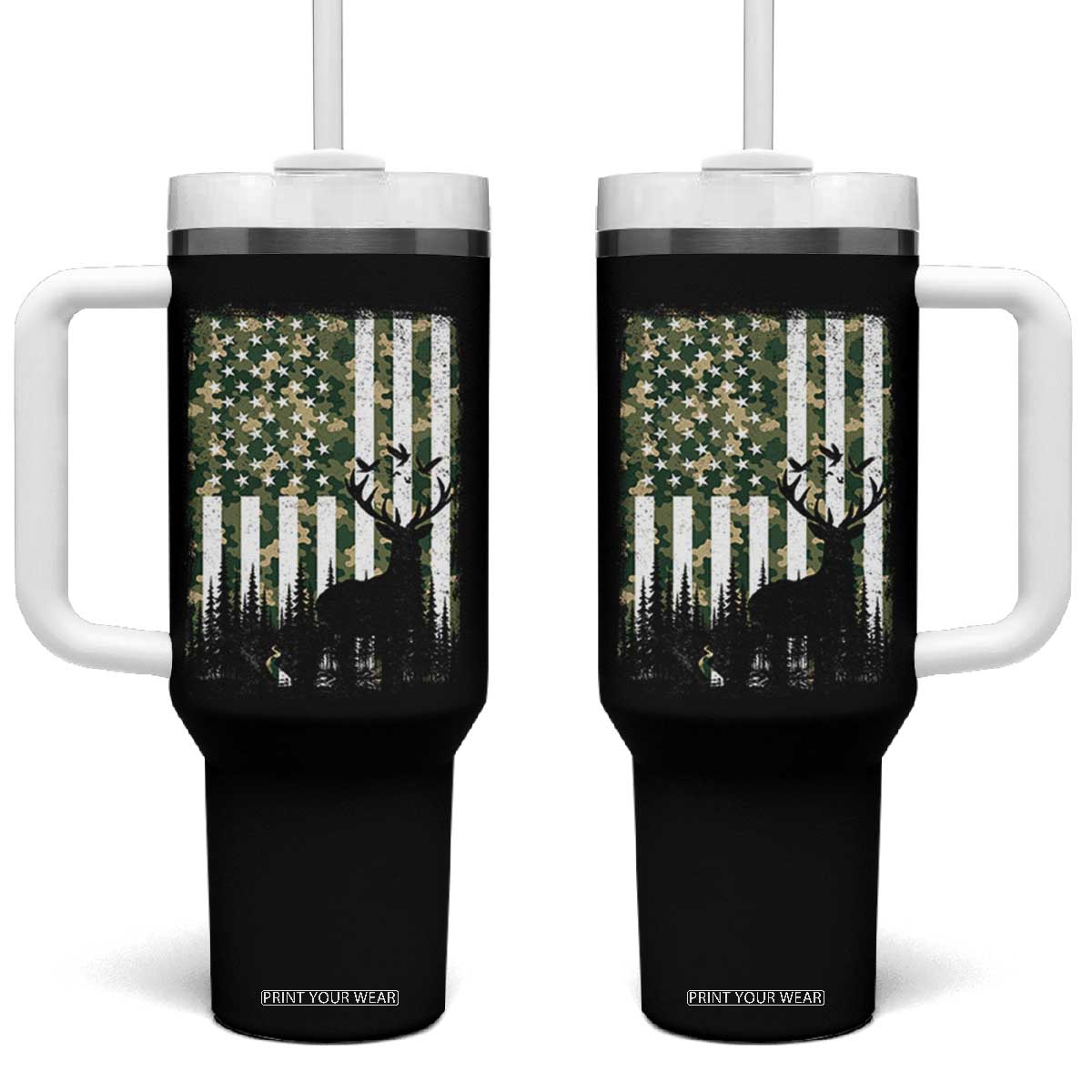 Deer Hunting Tumbler With Handle American Flag Camo Gift TS12 One Size: 40 oz Black Print Your Wear