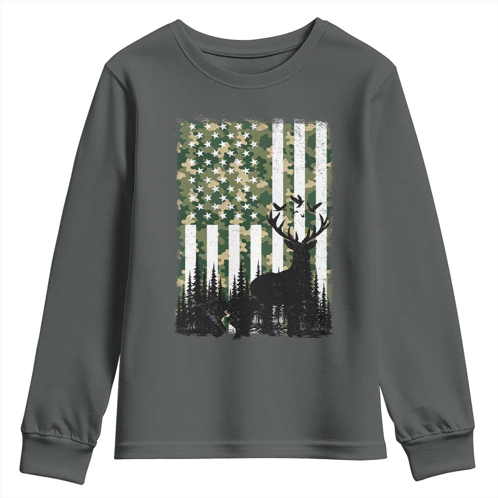 Deer Hunting Youth Sweatshirt American Flag Camo Gift TS12 Dark Heather Print Your Wear