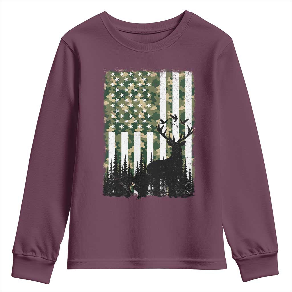 Deer Hunting Youth Sweatshirt American Flag Camo Gift TS12 Maroon Print Your Wear