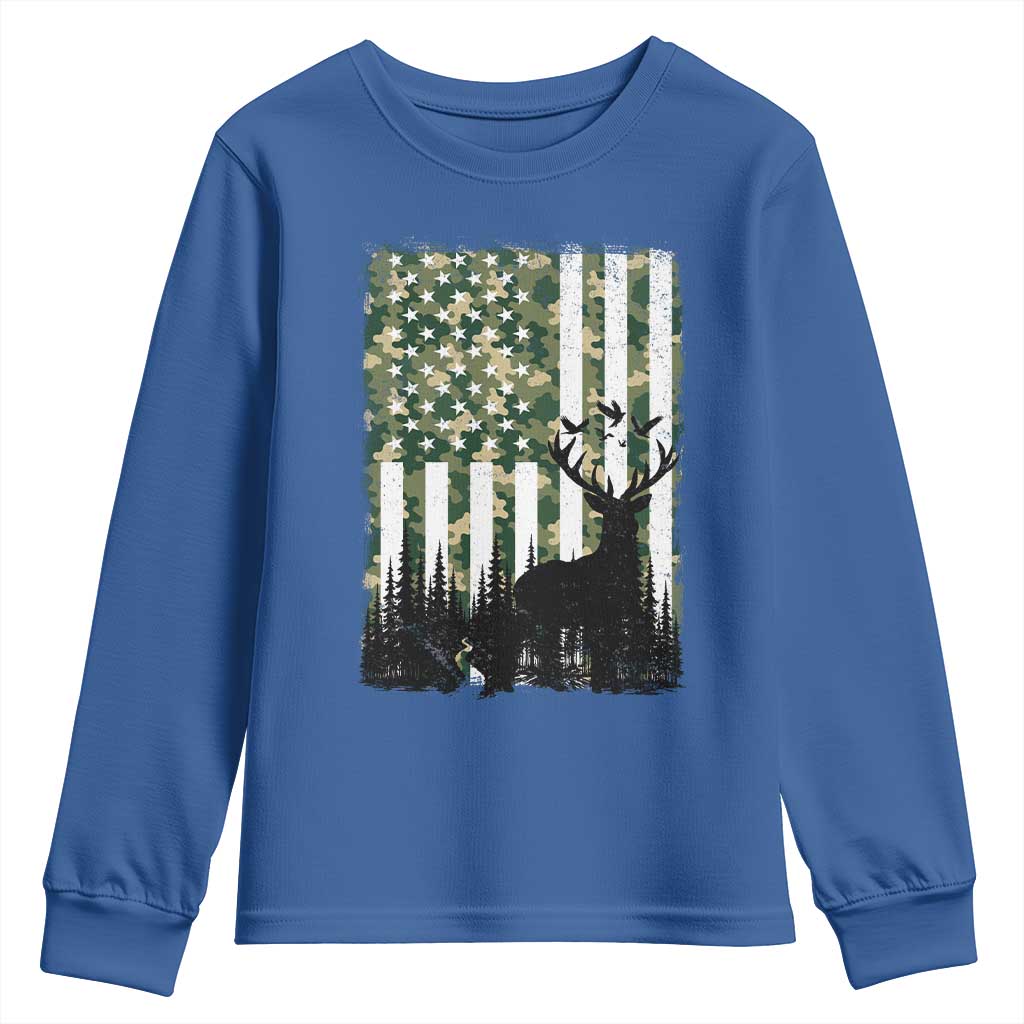 Deer Hunting Youth Sweatshirt American Flag Camo Gift TS12 Royal Blue Print Your Wear
