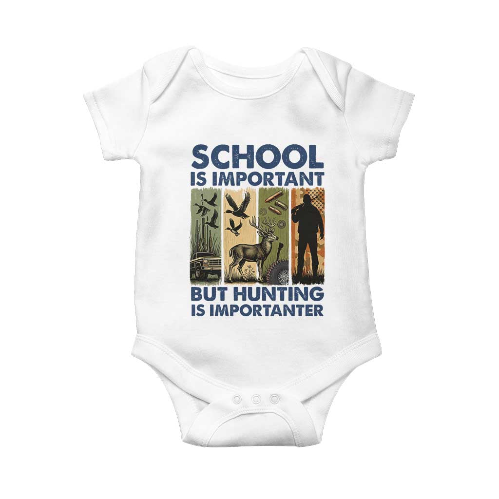 School Is Important But Hunting Is Importanter Baby Onesie Retro Deer Hunting Gift TS12 White Print Your Wear