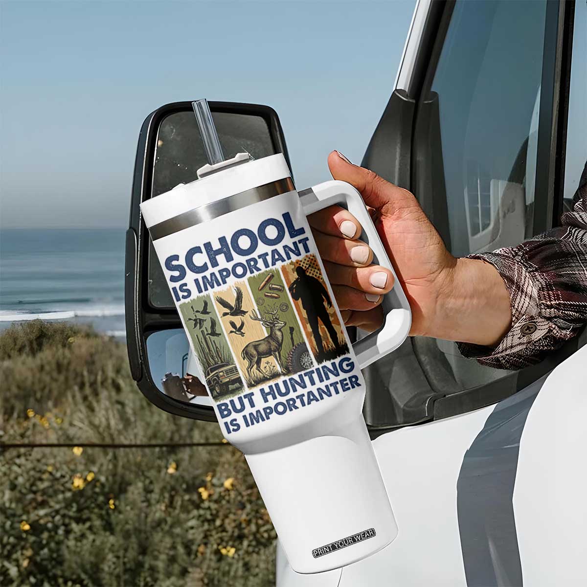 School Is Important But Hunting Is Importanter Tumbler With Handle Retro Deer Hunting Gift TS12 Print Your Wear