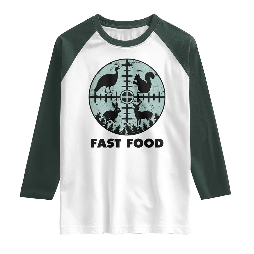 Funny Hunter Joke Raglan Shirt Hunting Fast Food Animals TS12 White Dark Forest Green Print Your Wear