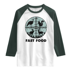 Funny Hunter Joke Raglan Shirt Hunting Fast Food Animals TS12 White Dark Forest Green Print Your Wear