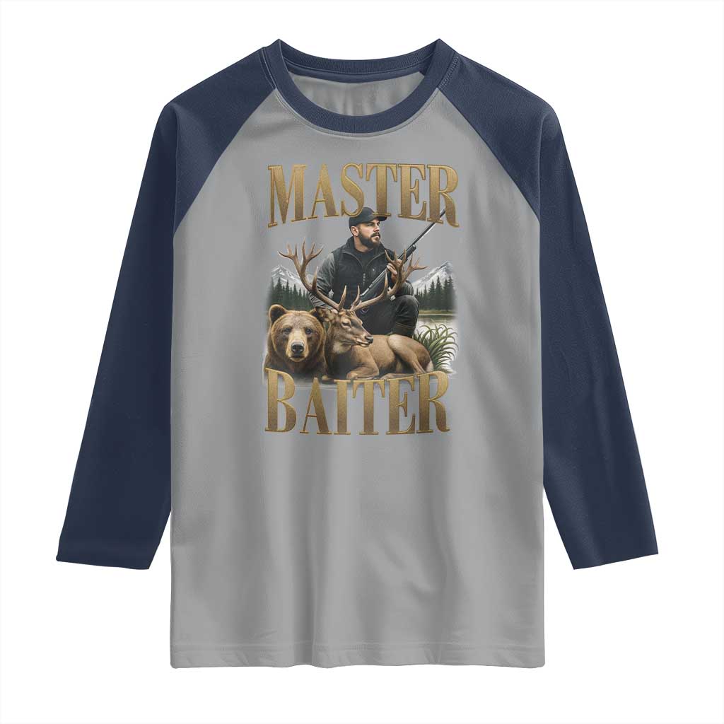 Hunting Lovers Dad Gift Raglan Shirt Master Baiter TS12 Sport Gray Navy Print Your Wear