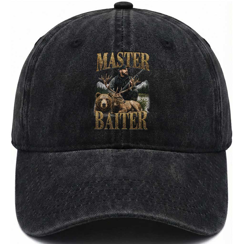 Hunting Lovers Dad Gift Washed Cotton Baseball Cap Master Baiter TS12 Washed Cap Universal Fit Black Print Your Wear
