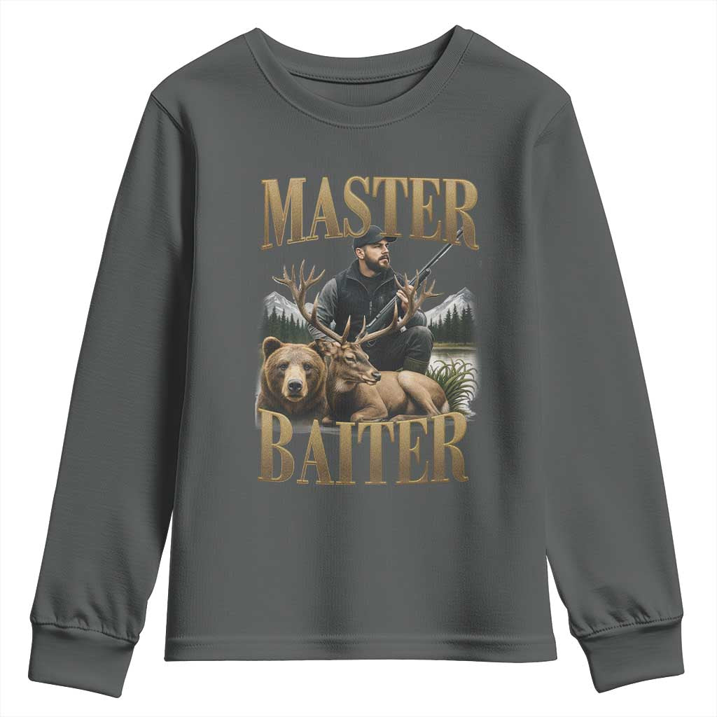 Hunting Lovers Dad Gift Youth Sweatshirt Master Baiter TS12 Dark Heather Print Your Wear