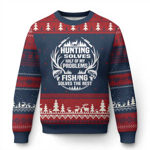 Fishing Hunting Solve Problems Ugly Christmas Sweater Gift Idea For Hunter Fisherman TS12 Navy Red Print Your Wear