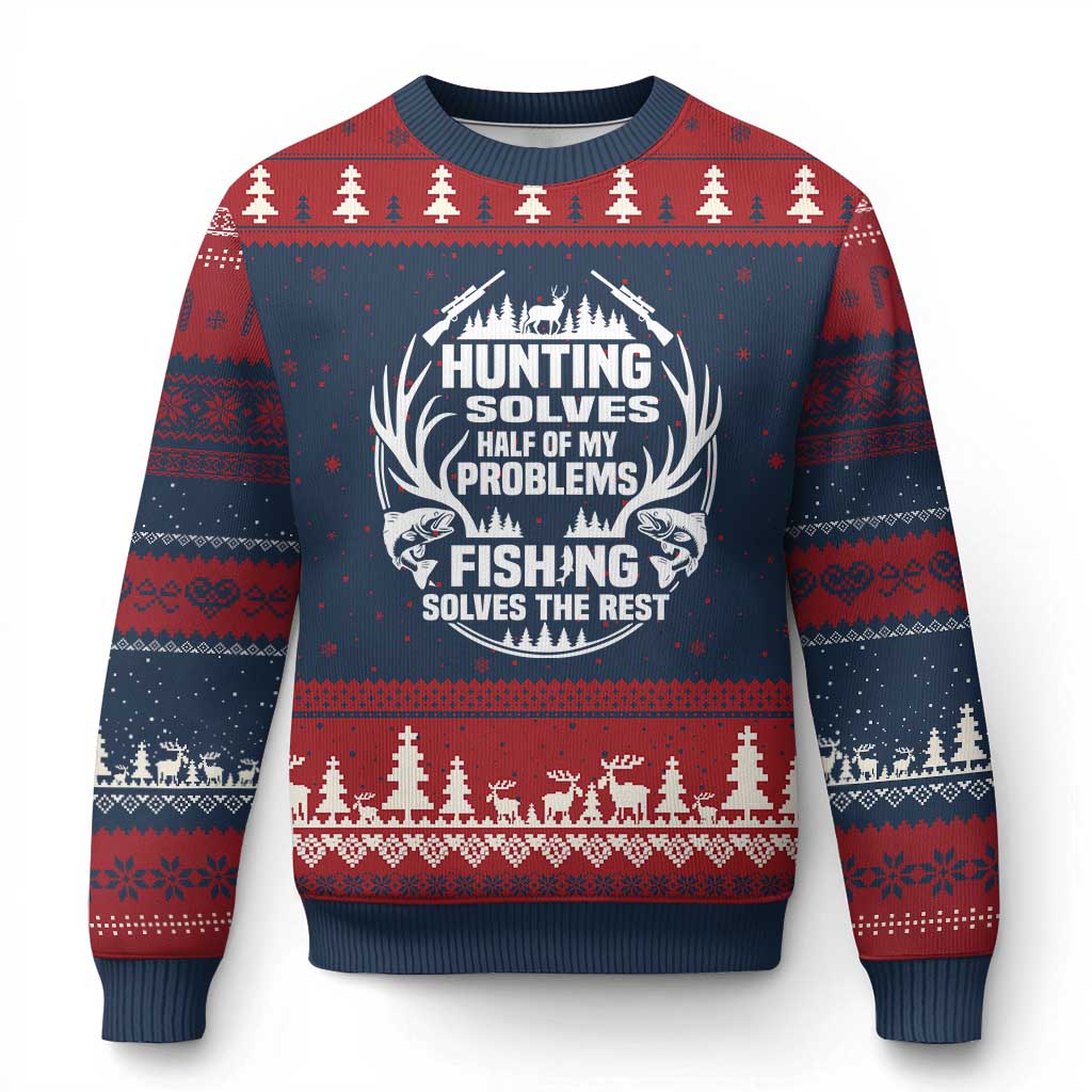 Fishing Hunting Solve Problems Ugly Christmas Sweater Gift Idea For Hunter Fisherman TS12 Navy Red Print Your Wear