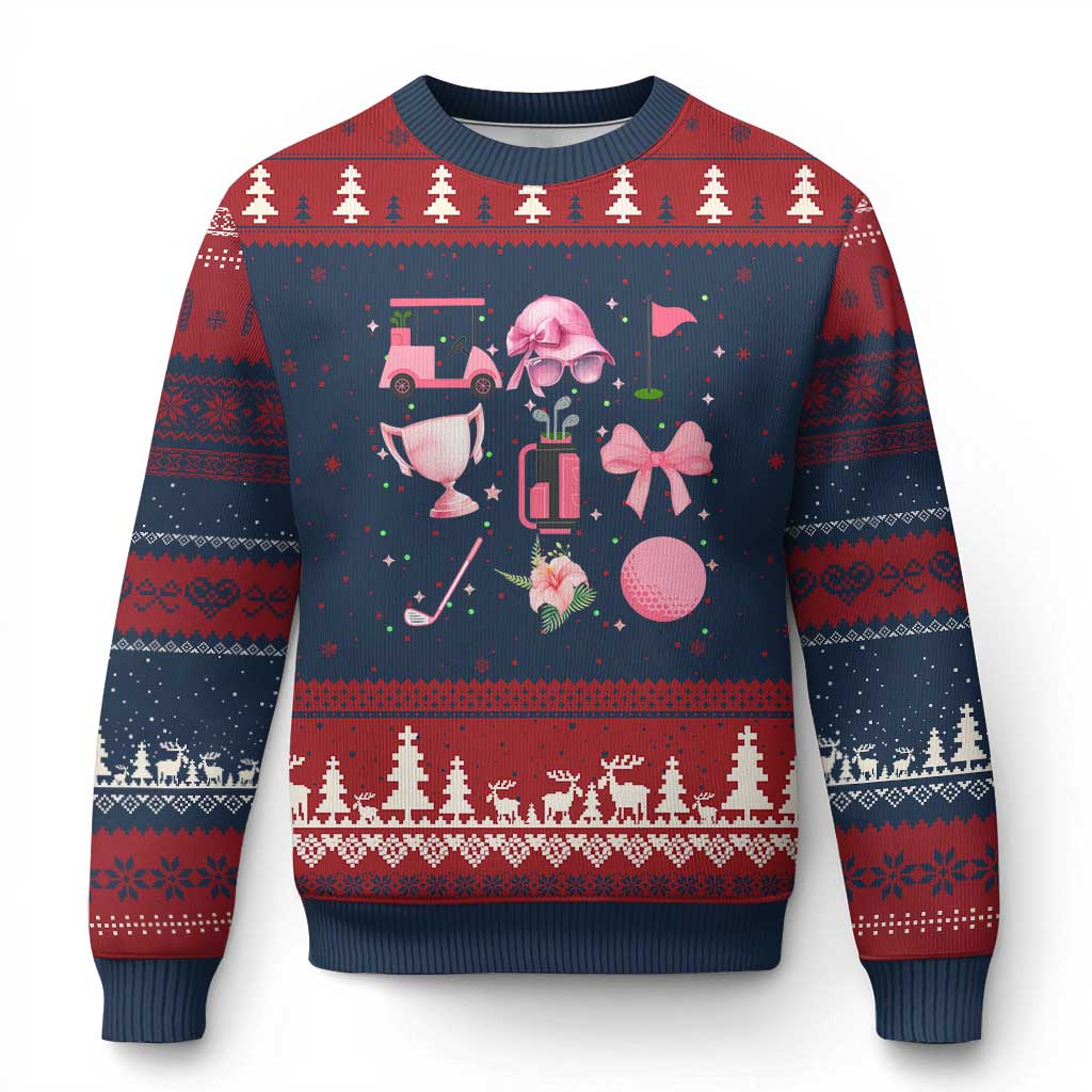 Womens Golf Lover Ugly Christmas Sweater Cute Pink Bow Golf Sports Gift - Print Your Wear