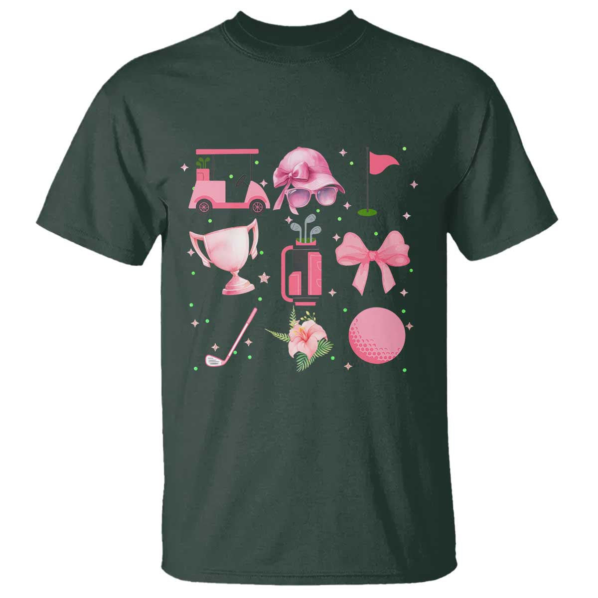 Womens Golf Lover T Shirt Cute Pink Bow Golf Sports Gift TS12 Dark Forest Green Print Your Wear