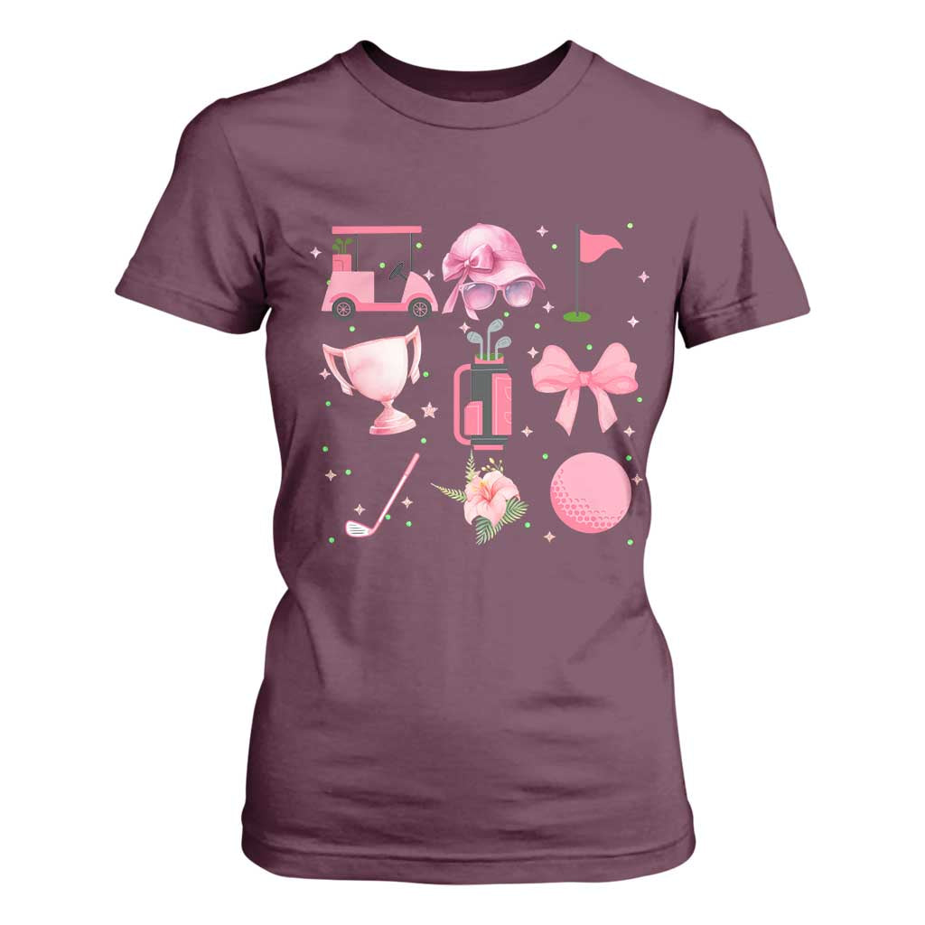 Womens Golf Lover T Shirt For Women Cute Pink Bow Golf Sports Gift TS12 Maroon Print Your Wear