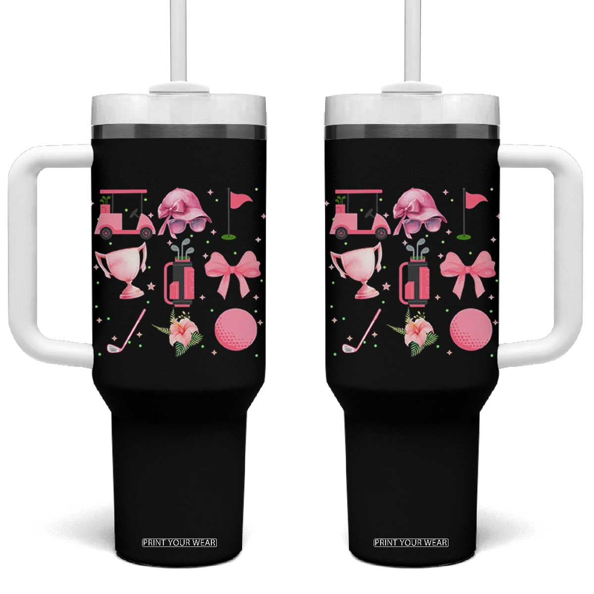 Womens Golf Lover Tumbler With Handle Cute Pink Bow Golf Sports Gift TS12 One Size: 40 oz Black Print Your Wear