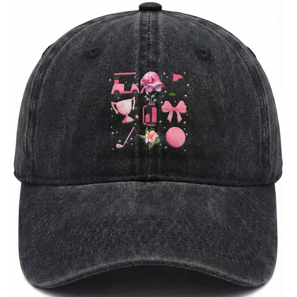 Womens Golf Lover Washed Cotton Baseball Cap Cute Pink Bow Golf Sports Gift TS12 Print Your Wear