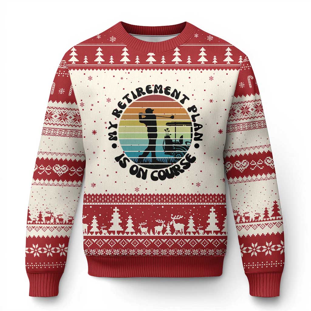 My Retirement Plan Is On Course Ugly Christmas Sweater Retired Golfer Gift TS12 Beige Red Print Your Wear