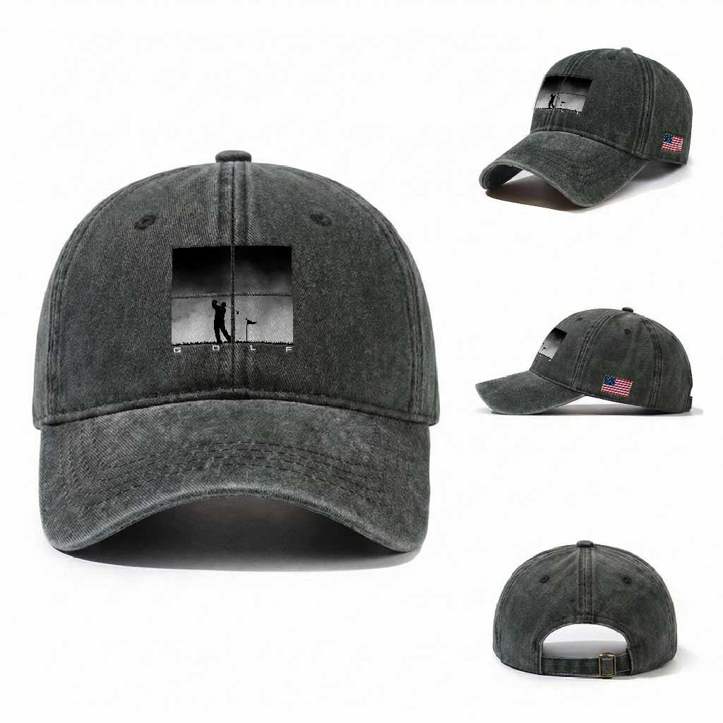 Gift For Sports Lover Washed Cotton Baseball Cap Retro Golf Silhouette Art TS12 Washed Cap Universal Fit Dark Green Print Your Wear