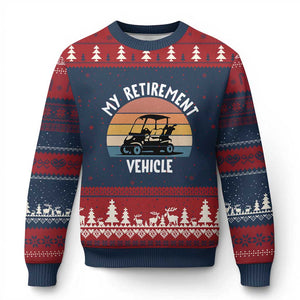 My Retirement Vehicle Golf Cart Ugly Christmas Sweater Funny Retired Golfer Gift TS12 Navy Red Print Your Wear