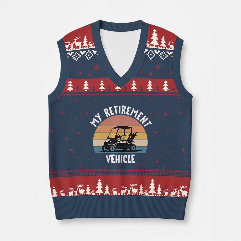 My Retirement Vehicle Golf Cart V-Neck Knit Sweater Vest Funny Retired Golfer Gift TS12 Navy Red Print Your Wear