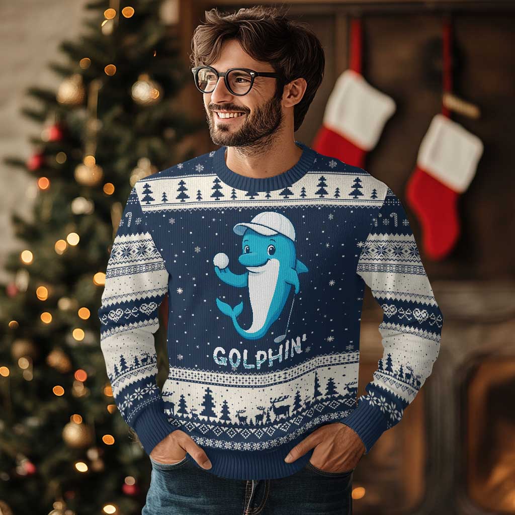 Golphin Dolphin Pun Ugly Christmas Sweater Funny Golf Gift TS12 Navy Beige Print Your Wear