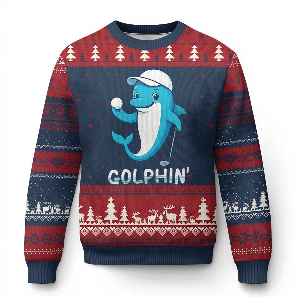 Golphin Dolphin Pun Ugly Christmas Sweater Funny Golf Gift TS12 Navy Red Print Your Wear