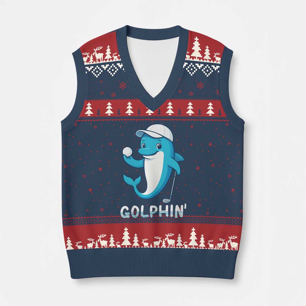 Golphin Dolphin Pun V-Neck Knit Sweater Vest Funny Golf Gift TS12 Navy Red Print Your Wear
