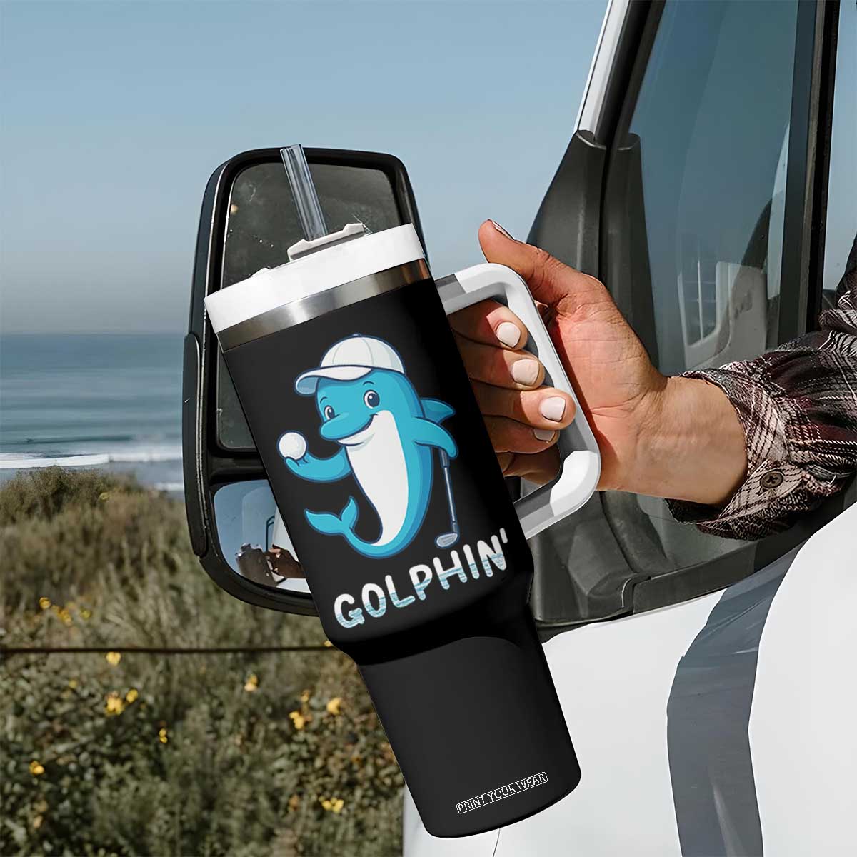 Golphin Dolphin Pun Tumbler With Handle Funny Golf Gift - Print Your Wear
