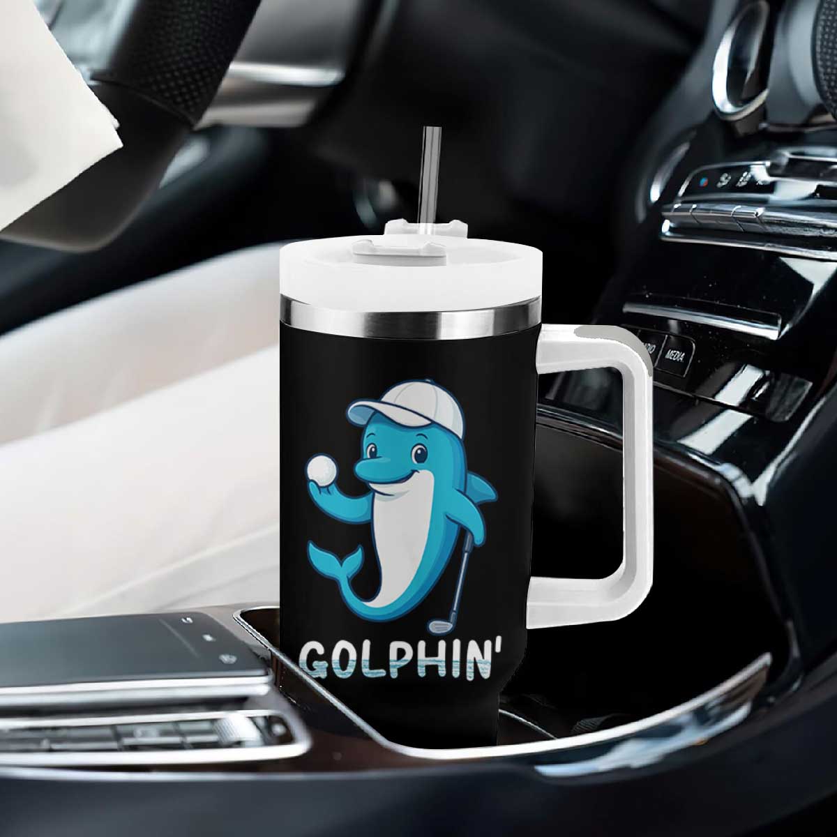 Golphin Dolphin Pun Tumbler With Handle Funny Golf Gift - Print Your Wear