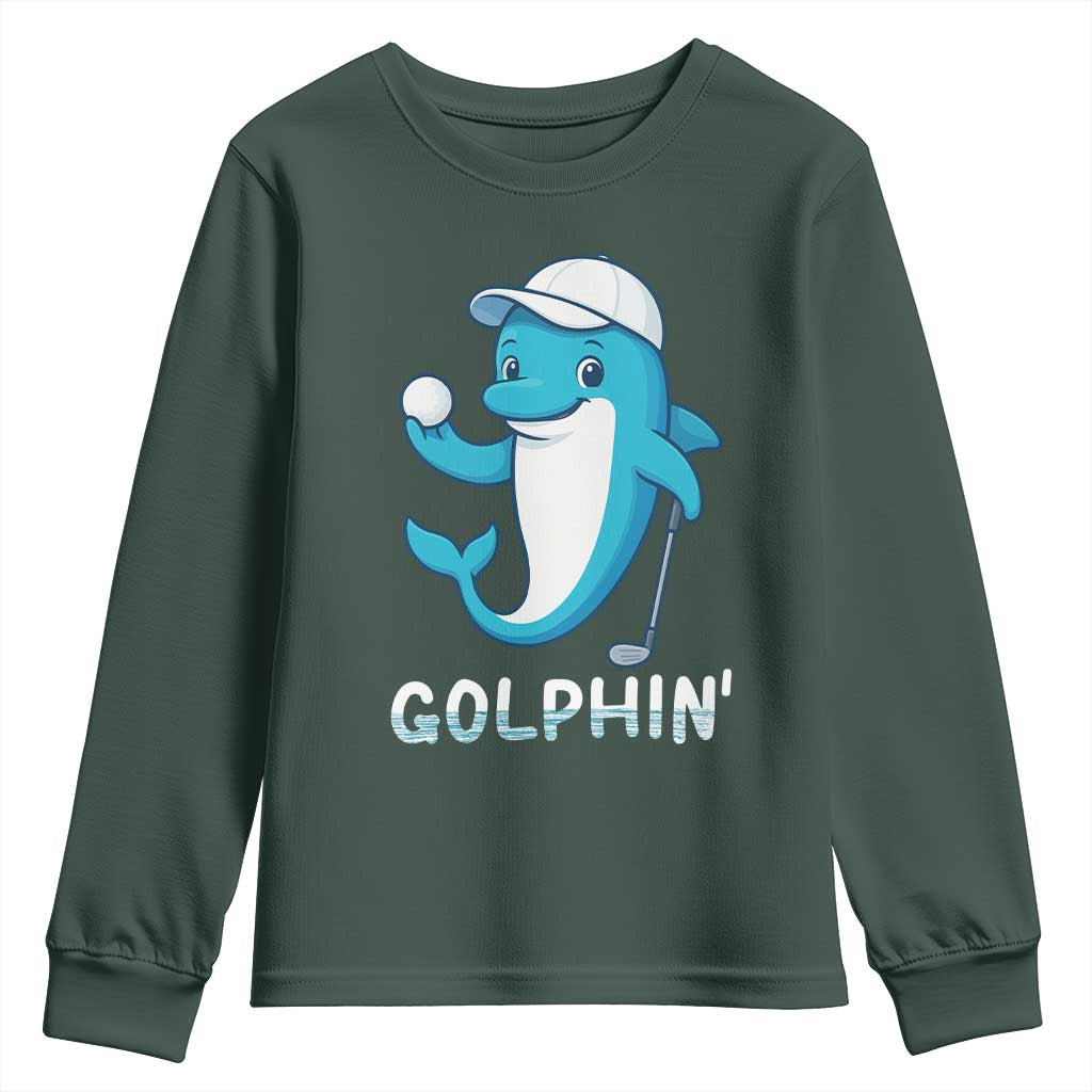 Golphin Dolphin Pun Youth Sweatshirt Funny Golf Gift TS12 Dark Forest Green Print Your Wear