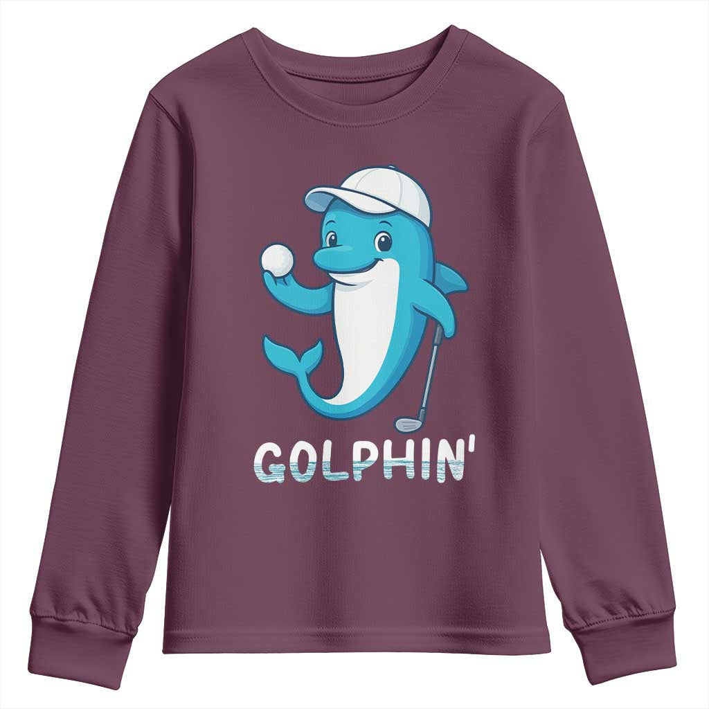 Golphin Dolphin Pun Youth Sweatshirt Funny Golf Gift TS12 Maroon Print Your Wear