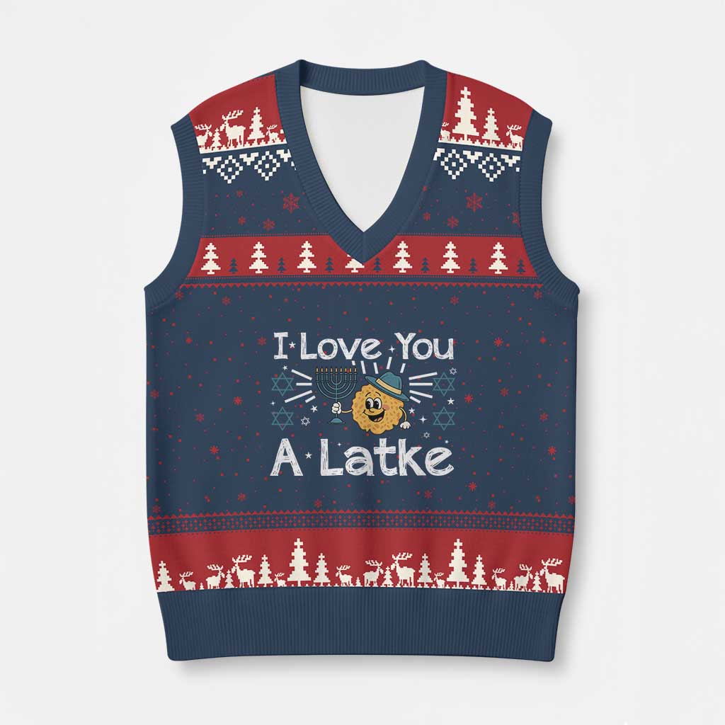 I Love You A Latke V-Neck Knit Sweater Vest Funny Hanukkah Gift For Latke Lover TS12 Navy Red Print Your Wear