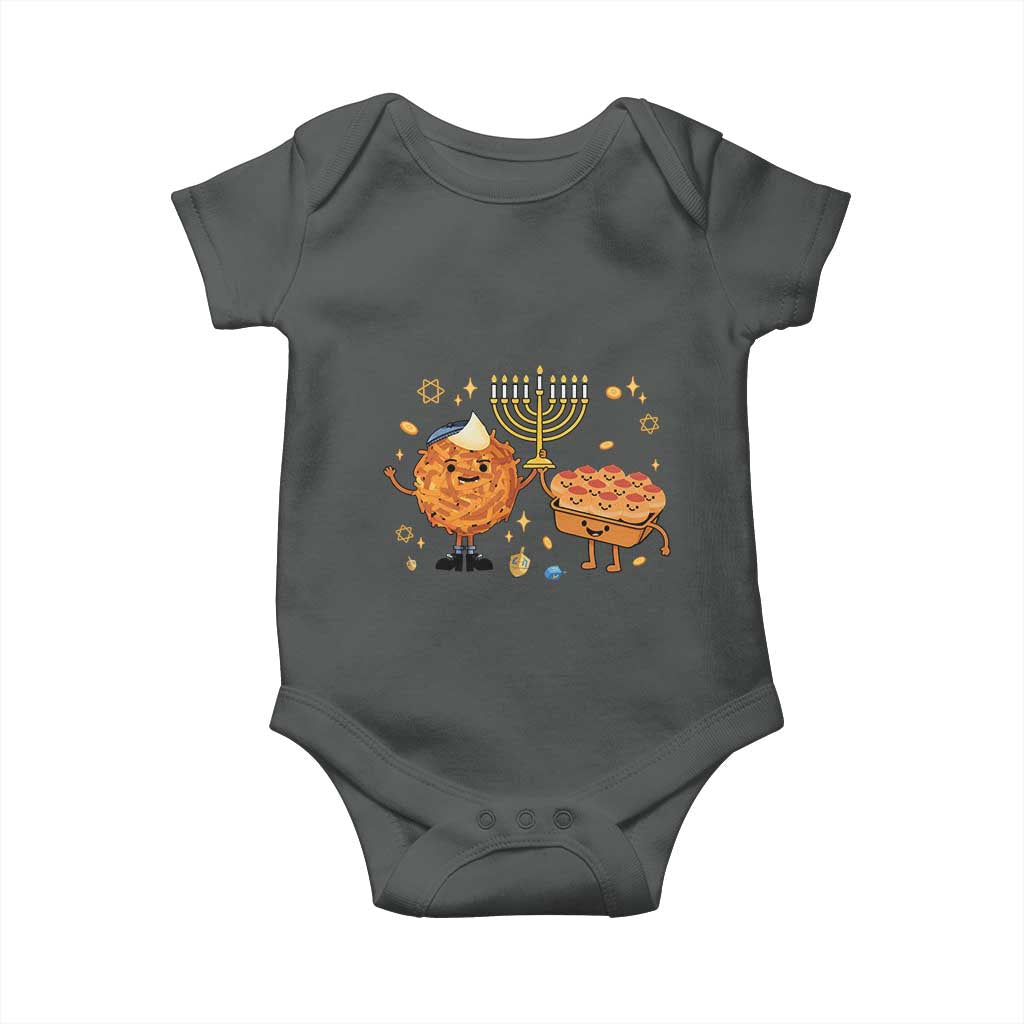 Hanukkah Sufganiyah And Latke Lifting Menorah Baby Onesie Funny Holiday Gift TS12 Dark Heather Print Your Wear