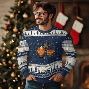 Hanukkah Sufganiyah And Latke Lifting Menorah Ugly Christmas Sweater Funny Holiday Gift TS12 Navy Beige Print Your Wear