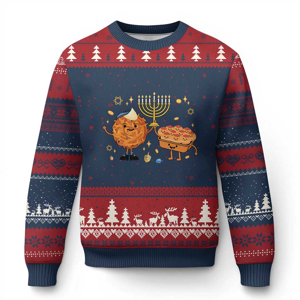 Hanukkah Sufganiyah And Latke Lifting Menorah Ugly Christmas Sweater Funny Holiday Gift TS12 Navy Red Print Your Wear