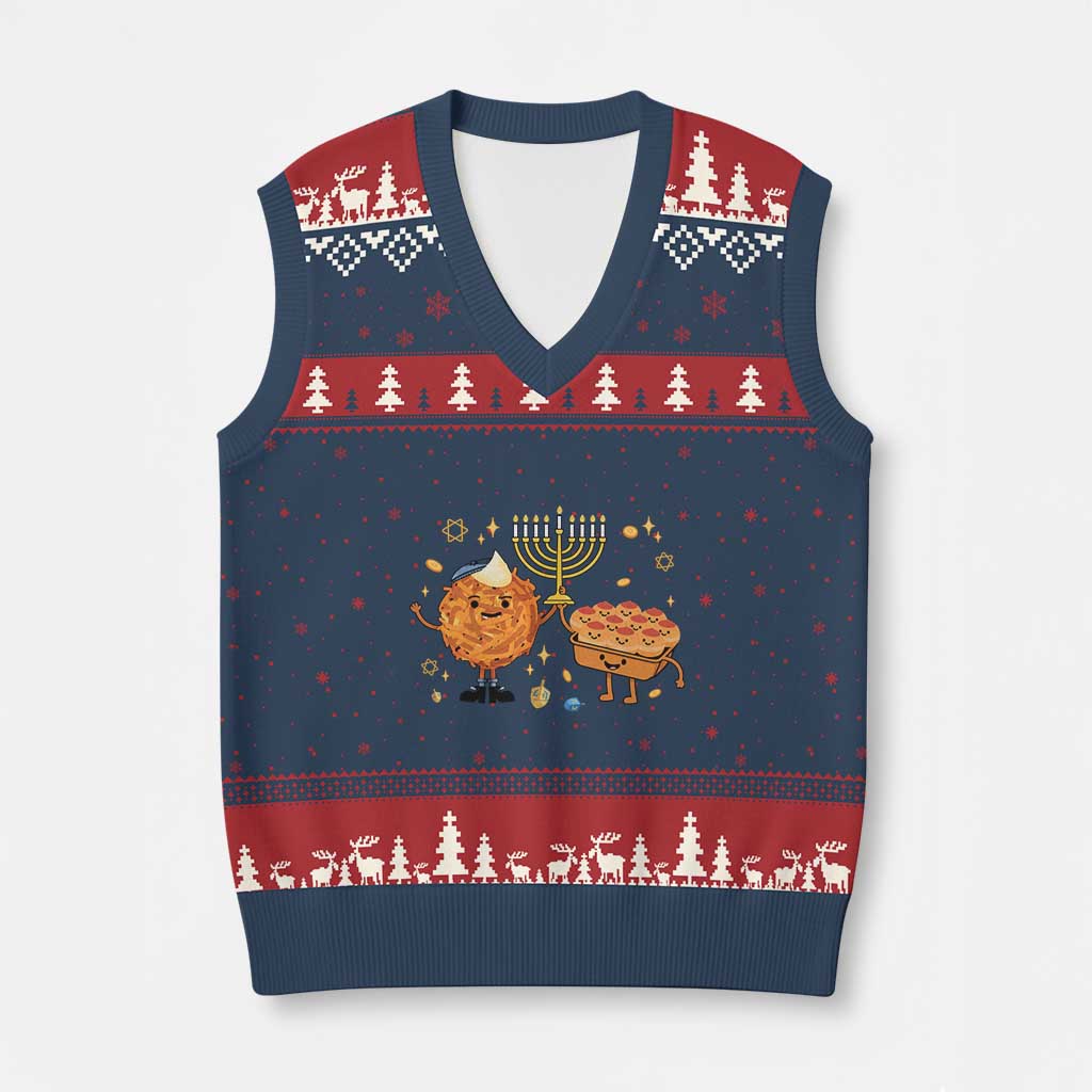 Hanukkah Sufganiyah And Latke Lifting Menorah V-Neck Knit Sweater Vest Funny Holiday Gift TS12 Navy Red Print Your Wear