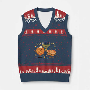 Hanukkah Sufganiyah And Latke Lifting Menorah V-Neck Knit Sweater Vest Funny Holiday Gift TS12 Navy Red Print Your Wear