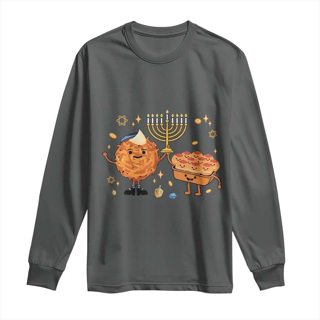 Hanukkah Sufganiyah And Latke Lifting Menorah Long Sleeve Shirt Funny Holiday Gift TS12 Dark Heather Print Your Wear