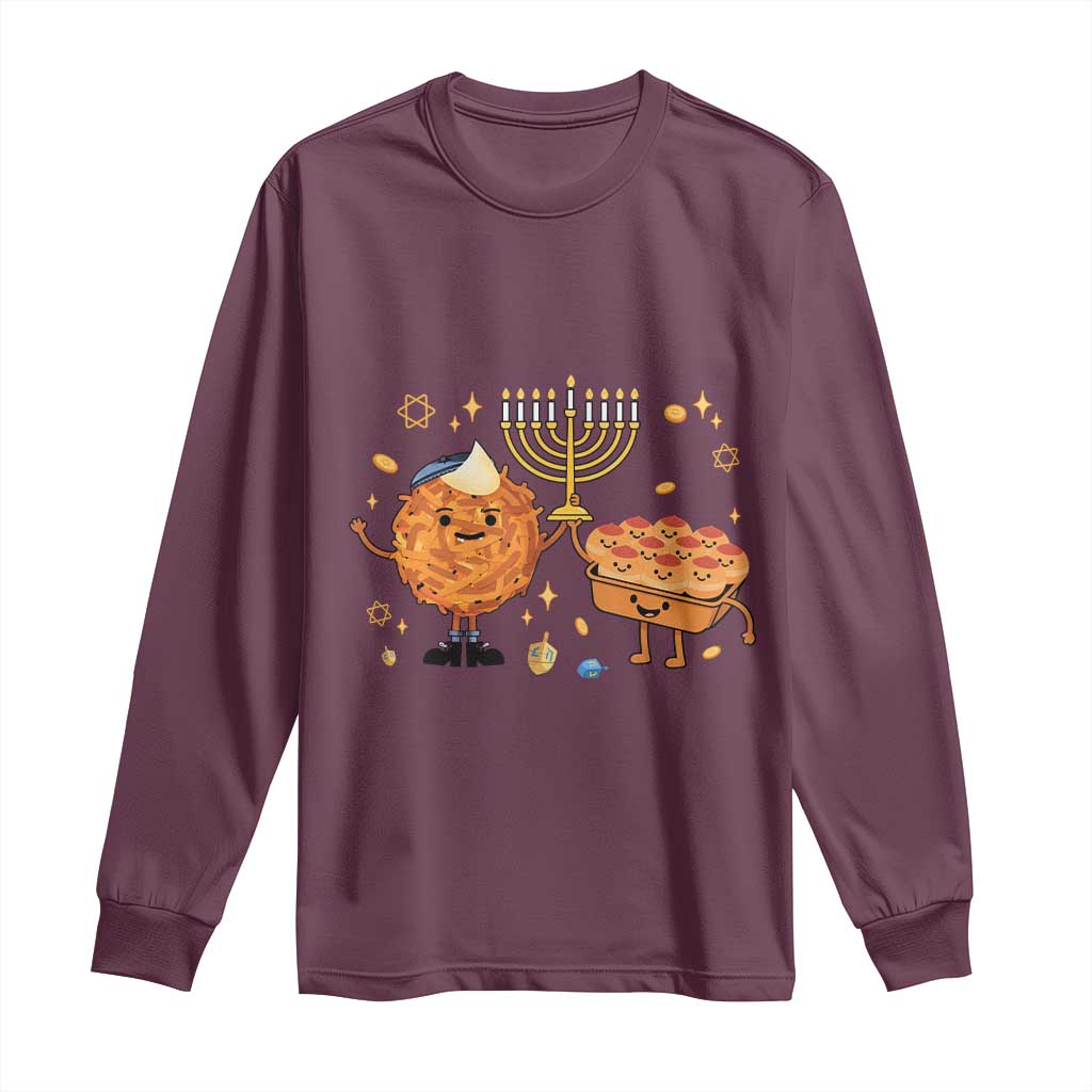 Hanukkah Sufganiyah And Latke Lifting Menorah Long Sleeve Shirt Funny Holiday Gift TS12 Maroon Print Your Wear