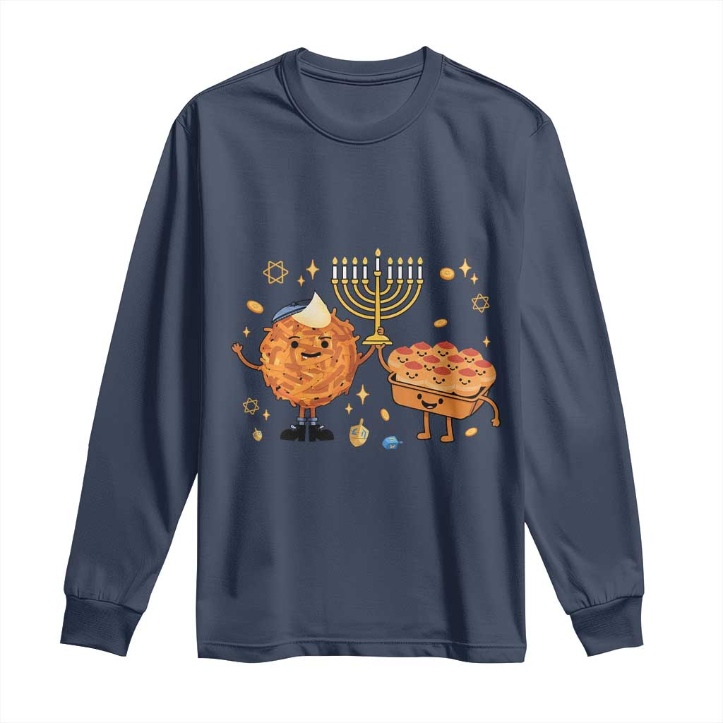 Hanukkah Sufganiyah And Latke Lifting Menorah Long Sleeve Shirt Funny Holiday Gift TS12 Navy Print Your Wear