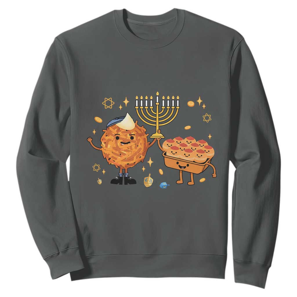 Hanukkah Sufganiyah And Latke Lifting Menorah Sweatshirt Funny Holiday Gift TS12 Dark Heather Print Your Wear