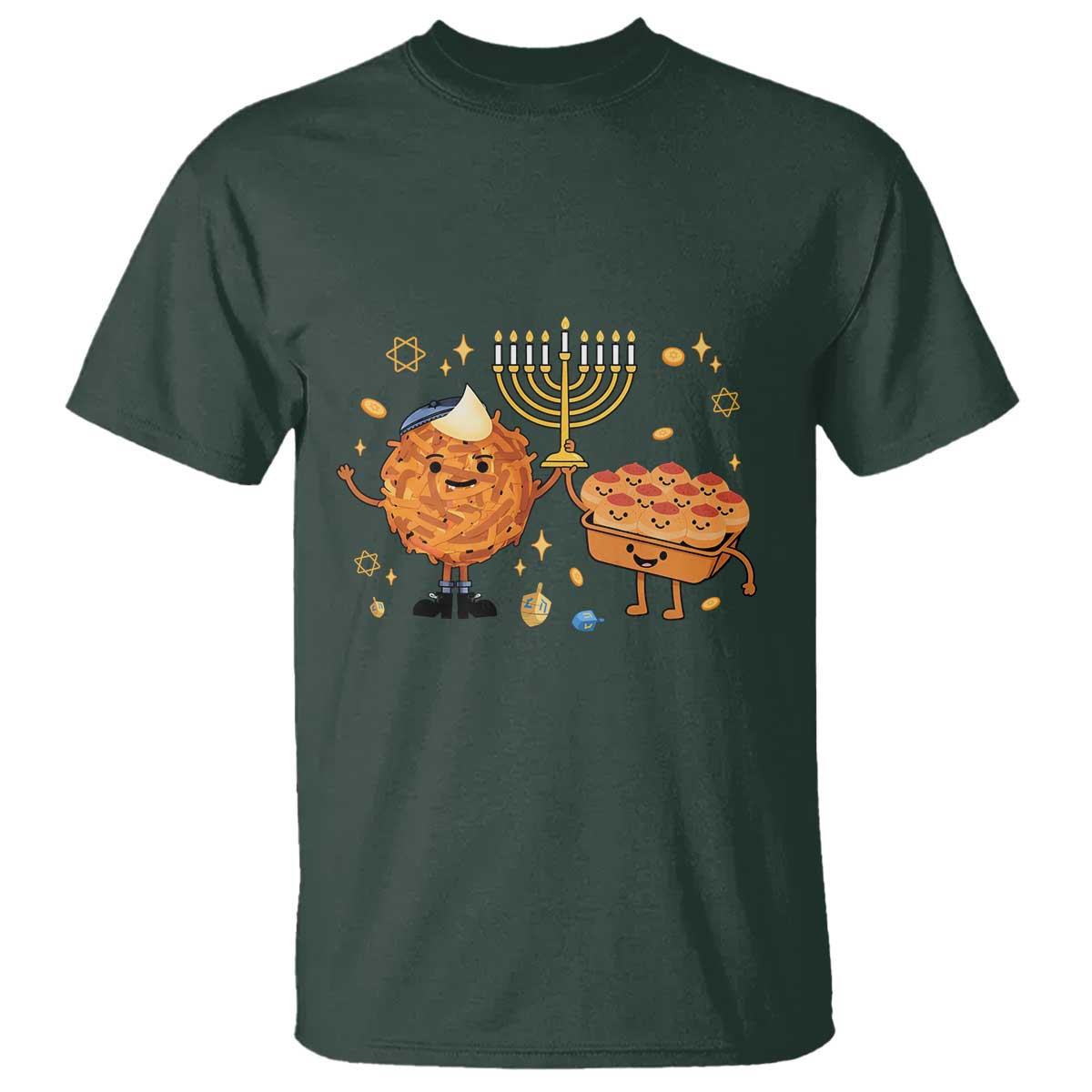 Hanukkah Sufganiyah And Latke Lifting Menorah T Shirt Funny Holiday Gift TS12 Dark Forest Green Print Your Wear